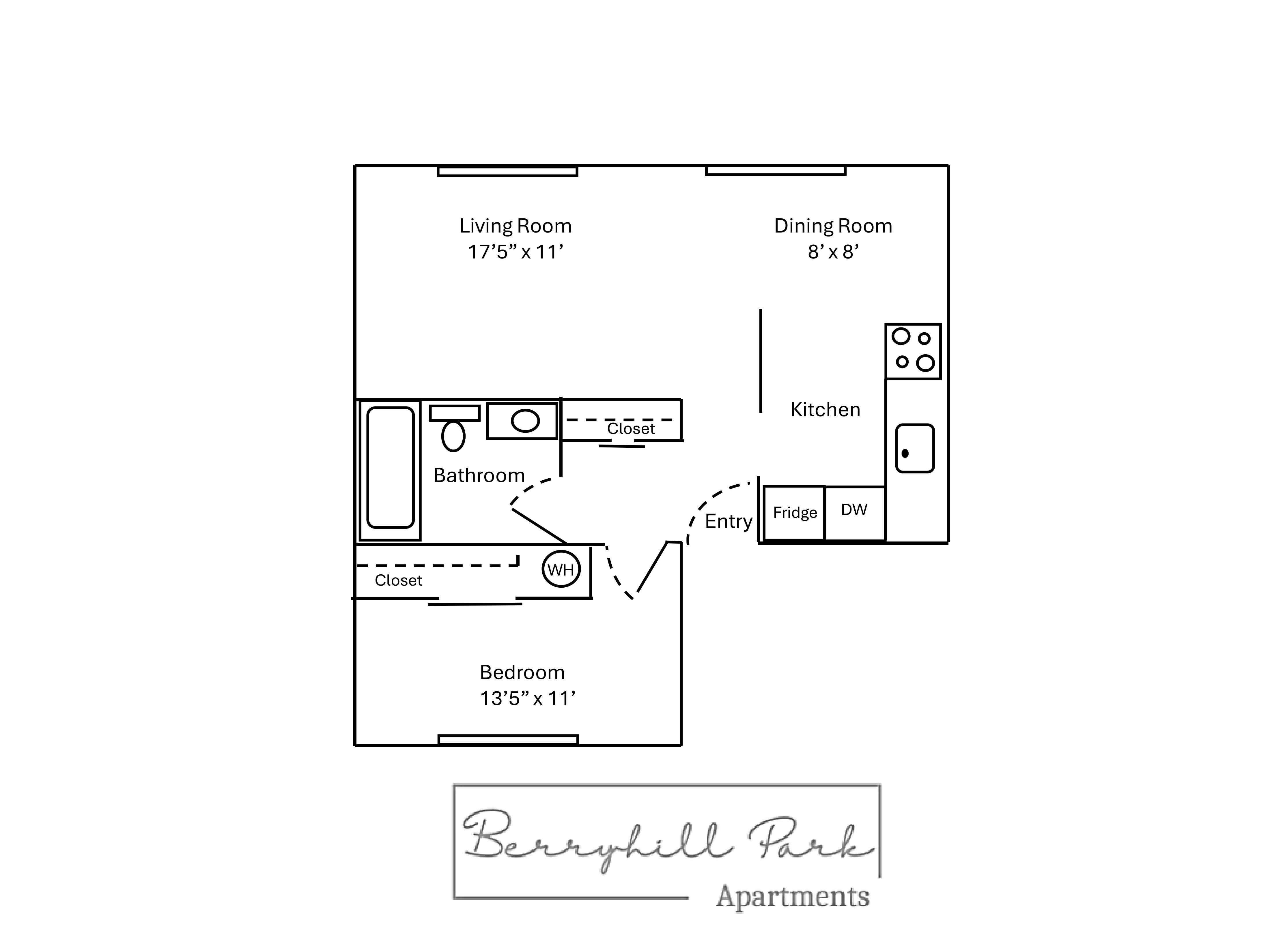 Floor plan for 1 bed, 1.5 baths, 690 sqft